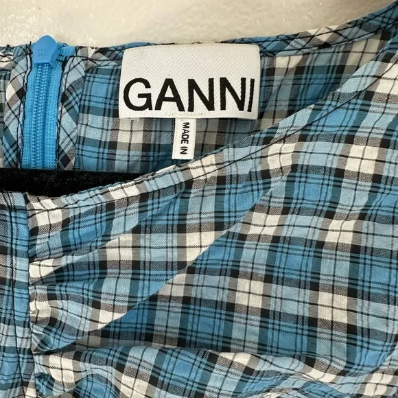 Ganni Check Ruched Seersucker Minidress in Check Azure Blue, - Picture 9 of 11